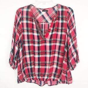Rhapsody I 3/4 Sleeve Plaid V-Neck Top